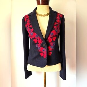 TORY BURCH Navy Wool Fitted Blazer With Red Floral Embroidery. Size XS